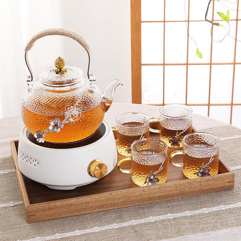 高档耐热玻璃泡壶茶具套装家茶用陶炉插电煮轻茶器胡桃电木茶盘奢