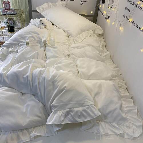 高档少女粉色四件公水主风洗棉荷叶花边被套套床裙学生宿心舍三件