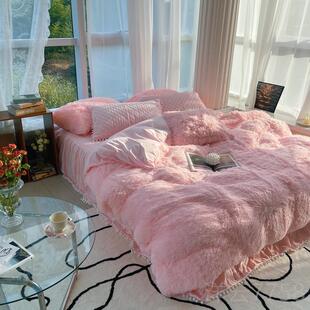 高档长毛套珊瑚绒床上四件套水貂绒双面绒毛绒加绒夹季棉床被裙冬