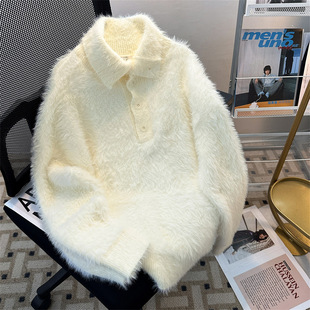 毛衣男仿貂毛Polo翻领毛绒情侣上衣宽松休闲百搭保暖慵懒风针织衫