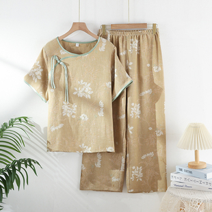 国风琵琶扣短袖睡衣女纯棉纱8分裤夏季家居睡眠服薄可外穿文艺范