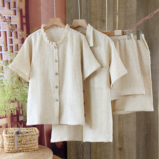 新款日系棉麻睡衣女夏季薄款高档麻棉情侣短袖短裤无印花边家居服