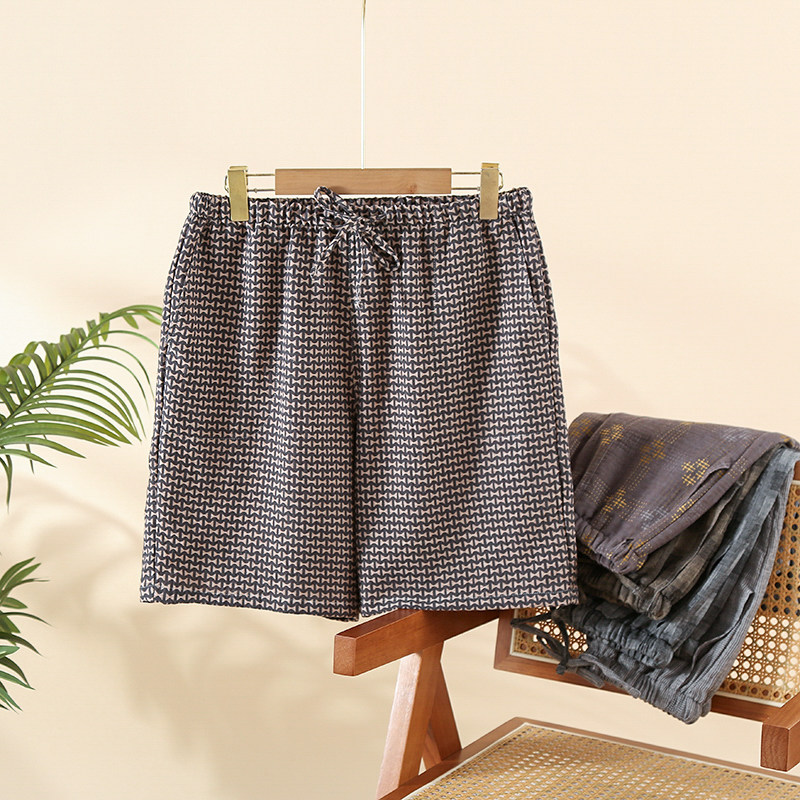 纯棉格子男士睡裤短裤夏季薄款提花纱布系绳口袋大码可外穿家居裤