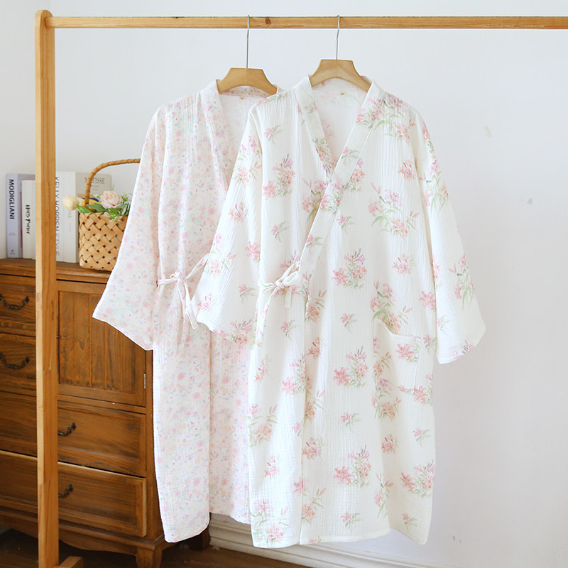 纯棉和服睡袍女春秋夏季全棉纱布薄款宽松汗蒸浴袍家居服睡衣睡裙