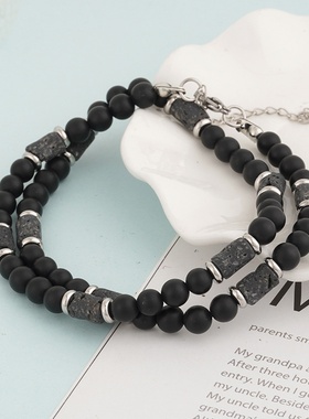 欧美新款虎石天然石男士时尚潮流手工串珠简约黑玛瑙火山石项链