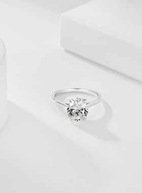 s925纯银锆石戒指女经典简约鹅黄色8*10mm白g色椭圆形戒指婚戒