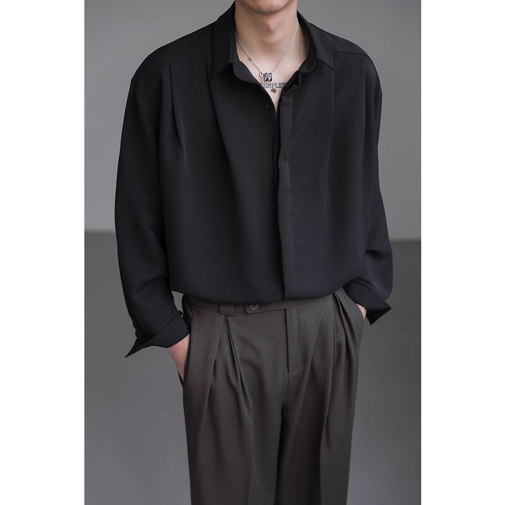 韩国风宽松纯色感垂感长袖衬衫男春秋季上衣潮流痞帅免烫衬衣