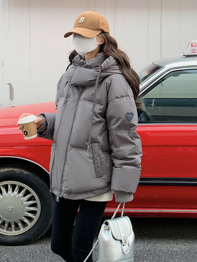 上市学姐严选 2025新款韩版灰色爱心短款羽绒棉服大码棉衣女面包