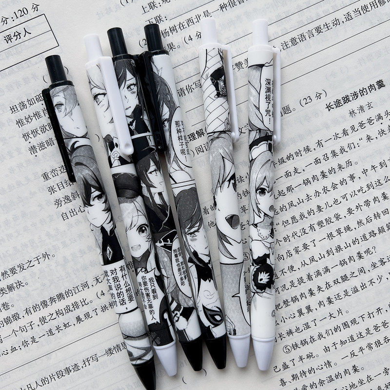 原神按动中性笔黑白系可爱漫画风碳素笔学生高颜值笔男生款子弹头