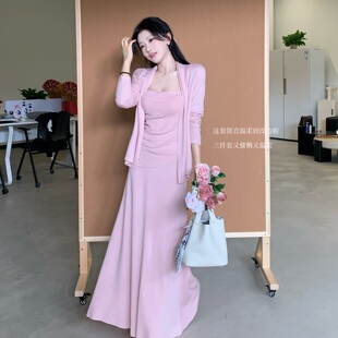 半裙套装 温柔气质粉针织吊带开衫 人间水蜜桃 陈六六CHENLIULIU