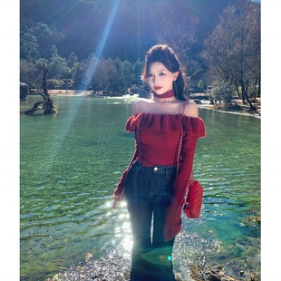 陈六六CHENLIULIU 超显白甜辣风一字肩针织上衣 早春宝藏