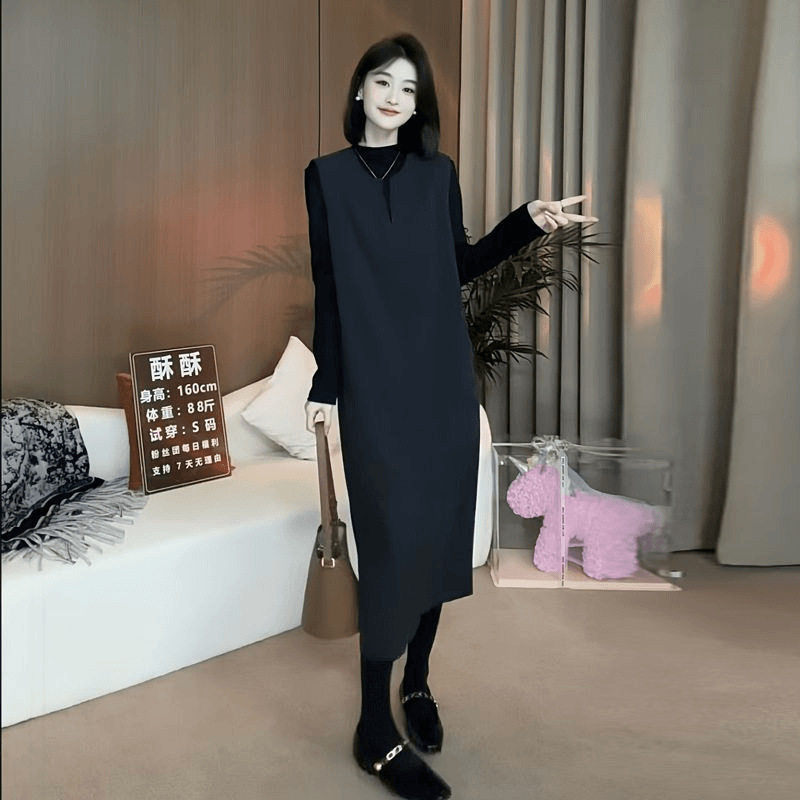 高级感套装裙女秋季长袖连衣裙打底衫+背心裙+腰带