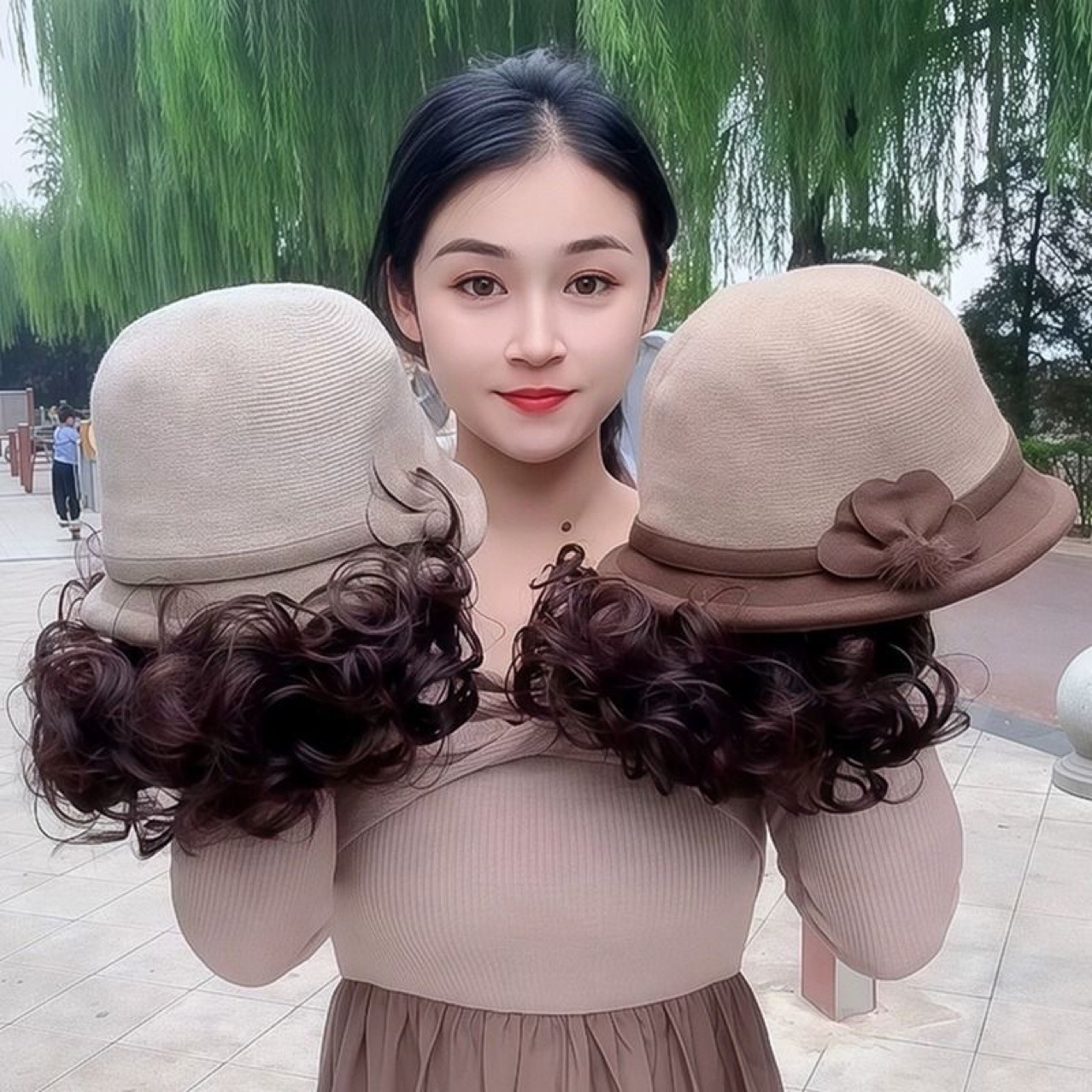 秋冬新款帽子假发一体加厚渔夫帽慵懒卷洋气减龄短卷发头套羊毛呢