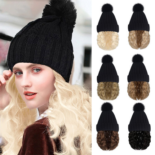 女士假发短卷发羊毛卷秋冬款黑针织帽子一体帽子假发时尚百搭潮款