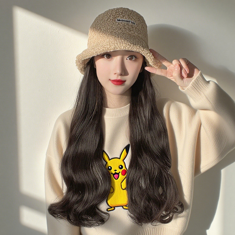 时尚爆款美拉德羊羔绒帽子假发一体女渔夫帽大波浪长卷发百搭保暖