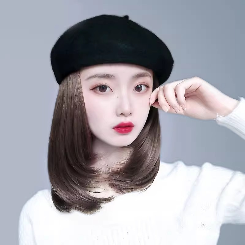 网红假发帽子带头发秋冬时尚贝雷帽锁骨发女潮流百搭一体假发帽子