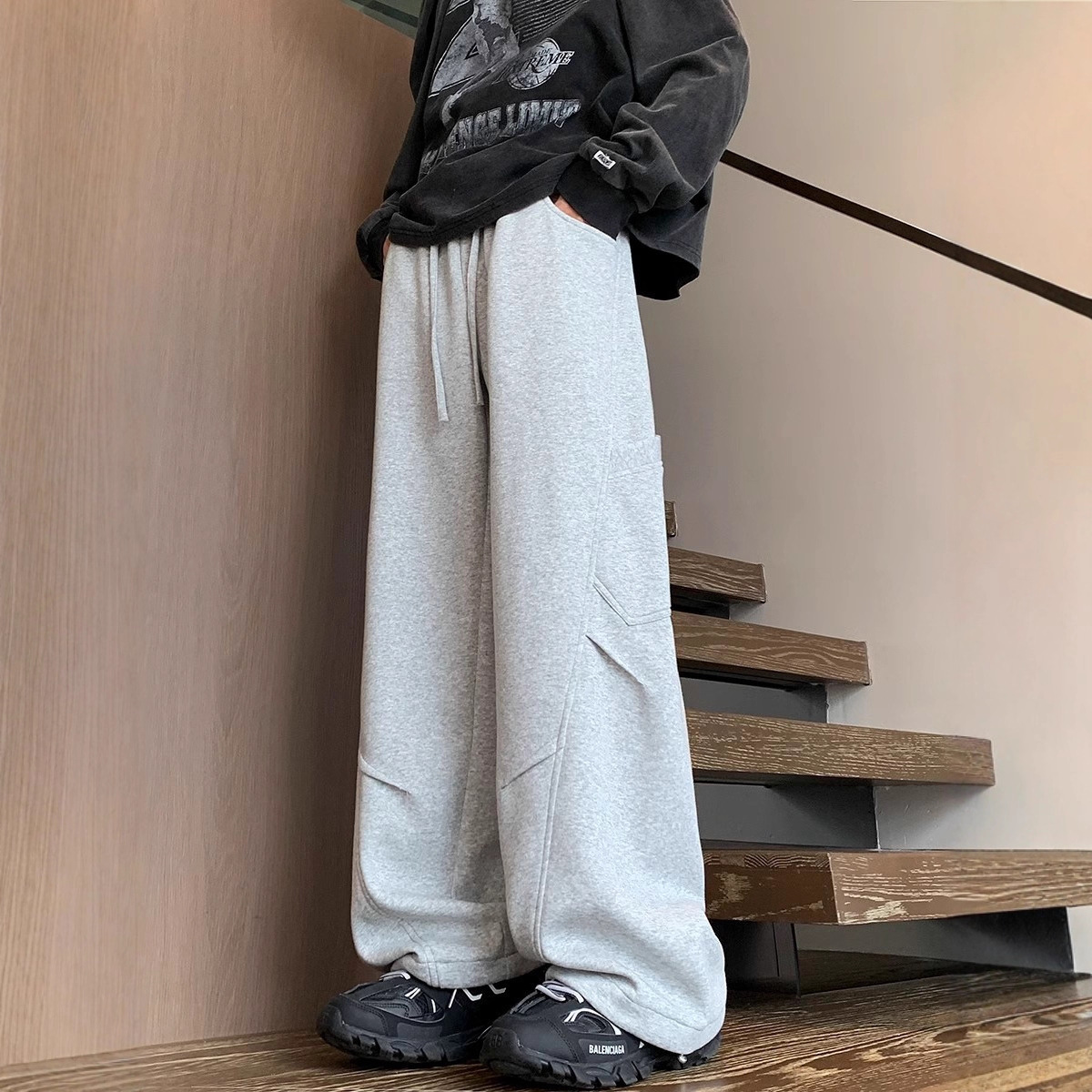 重磅拼接褶皱卫裤男春秋季美式hiphop工装阔腿长裤高街潮牌百搭裤