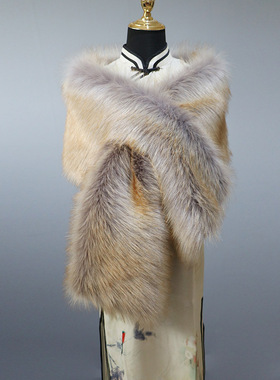 晚礼服加宽保暖坎肩仿皮草红色新娘装饰大披肩女冬毛毛绒加厚围脖