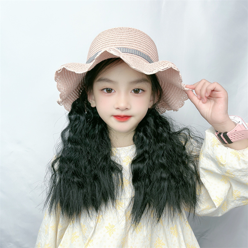 儿童假发女长卷发防晒太阳帽子一体式时尚中长发羊毛卷化纤假发套