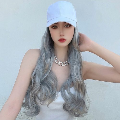 时尚潮款假发帽子女长发奶奶灰波浪卷全头套鸭舌帽长卷发假发一体