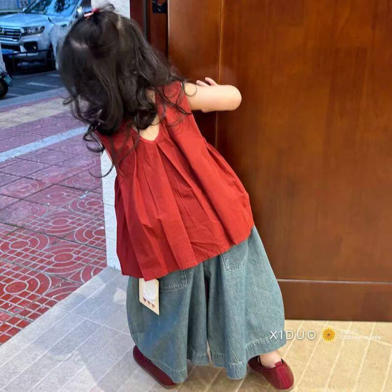 韩版女童夏季背心娃娃衫衬衫八分牛仔裤套装宽松女宝夏装洋气童装