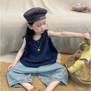 女童套装夏装儿童中小童中性款格子无袖上衣七分牛仔短裤两件套潮