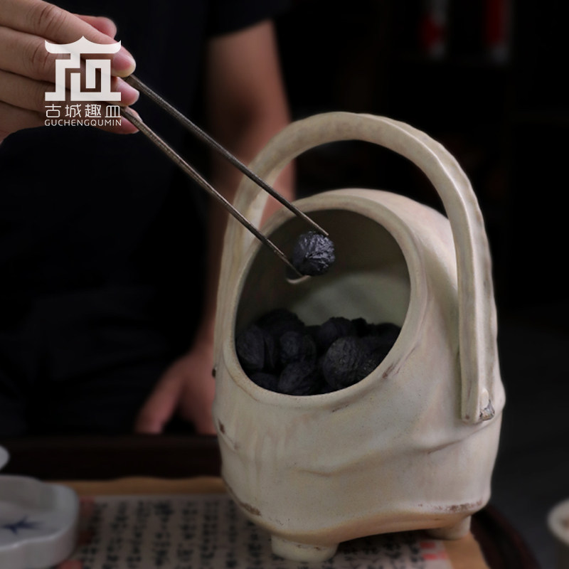 粗陶瓷提梁白炭钵龙眼木炭橄榄乌核桃煮茶炭收纳篮子花器茶室摆件