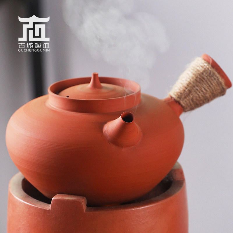 清泉砂铫 超薄潮州全手工拉红泥炭炉煮茶烧水玉书煨 日式侧把陶壶