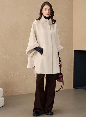 Max家100%纯山羊绒手缝双面毛呢外套LP斗篷大衣女水貂毛领赫本风