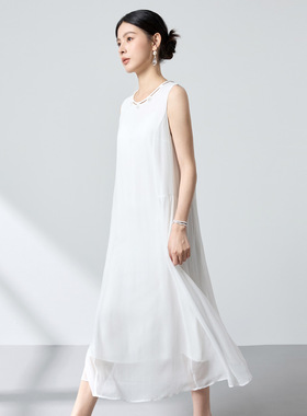 水墨【100%桑蚕丝】简约时尚感连衣裙月白色女小众轻奢无袖裙3319