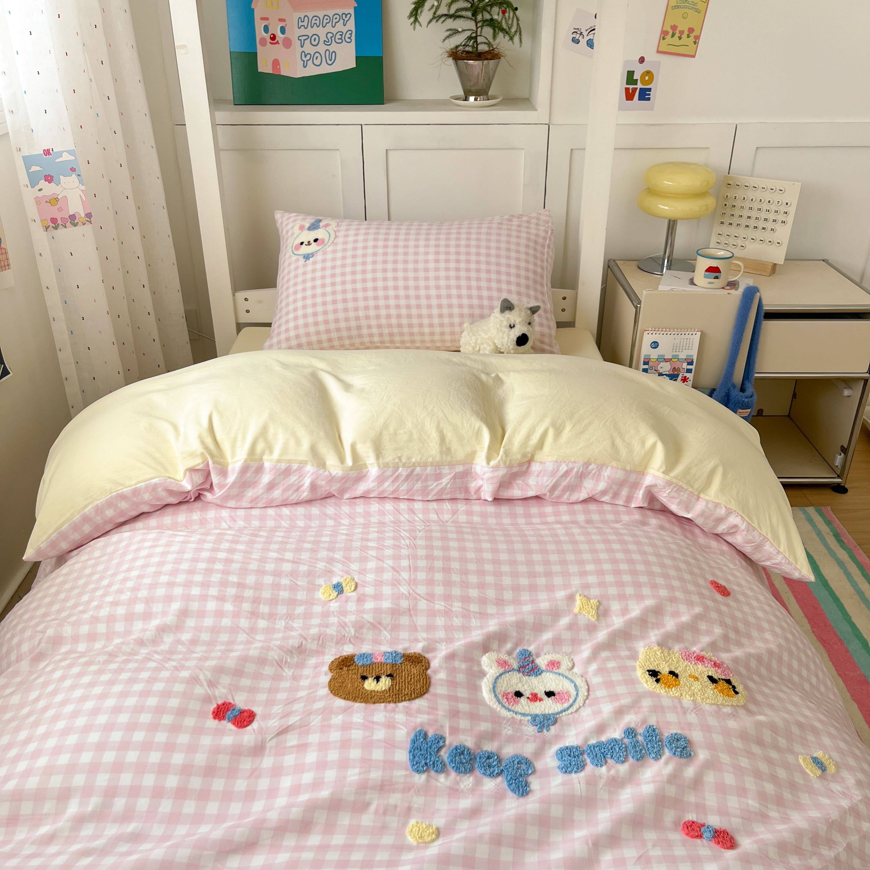 ins风四件套A类毛巾绣水洗棉学生宿舍韩系柔软被罩被套单件格子猫,床上用品,学生床品套件,淘宝优惠券,粉丝福利购,淘宝优惠卷