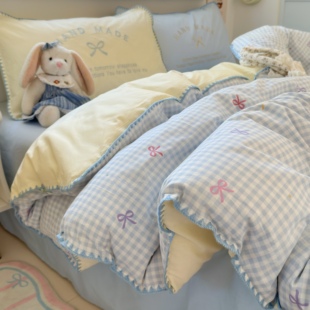 三角针纯棉100全棉四件套格子套件被套单件被罩小清新床单三件套