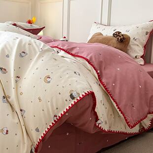 三角针纯棉100全棉四件套小清新被套床单三件套床单床笠学生宿舍