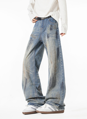 B347-W25011-P55-控价78 秋装蓝色水洗做旧脏脏裤男士宽松牛仔裤
