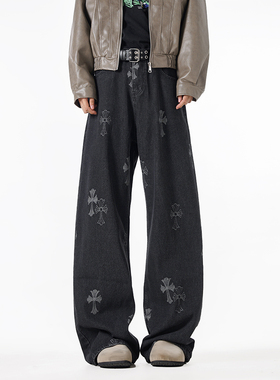 B347-W25020-P55-控价78 秋季刺绣工艺水洗宽松牛仔长裤