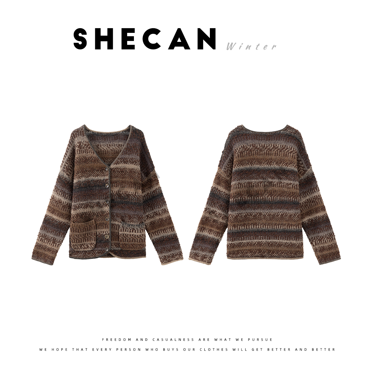 SHECAN【苏格兰】绵羊毛费尔岛小香风V领针织开衫加厚上衣5DC050