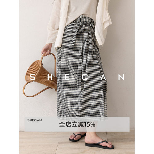 SHECAN【裹布裙】黑白格纹半身裙夏季百搭A字高腰长裙4XA038