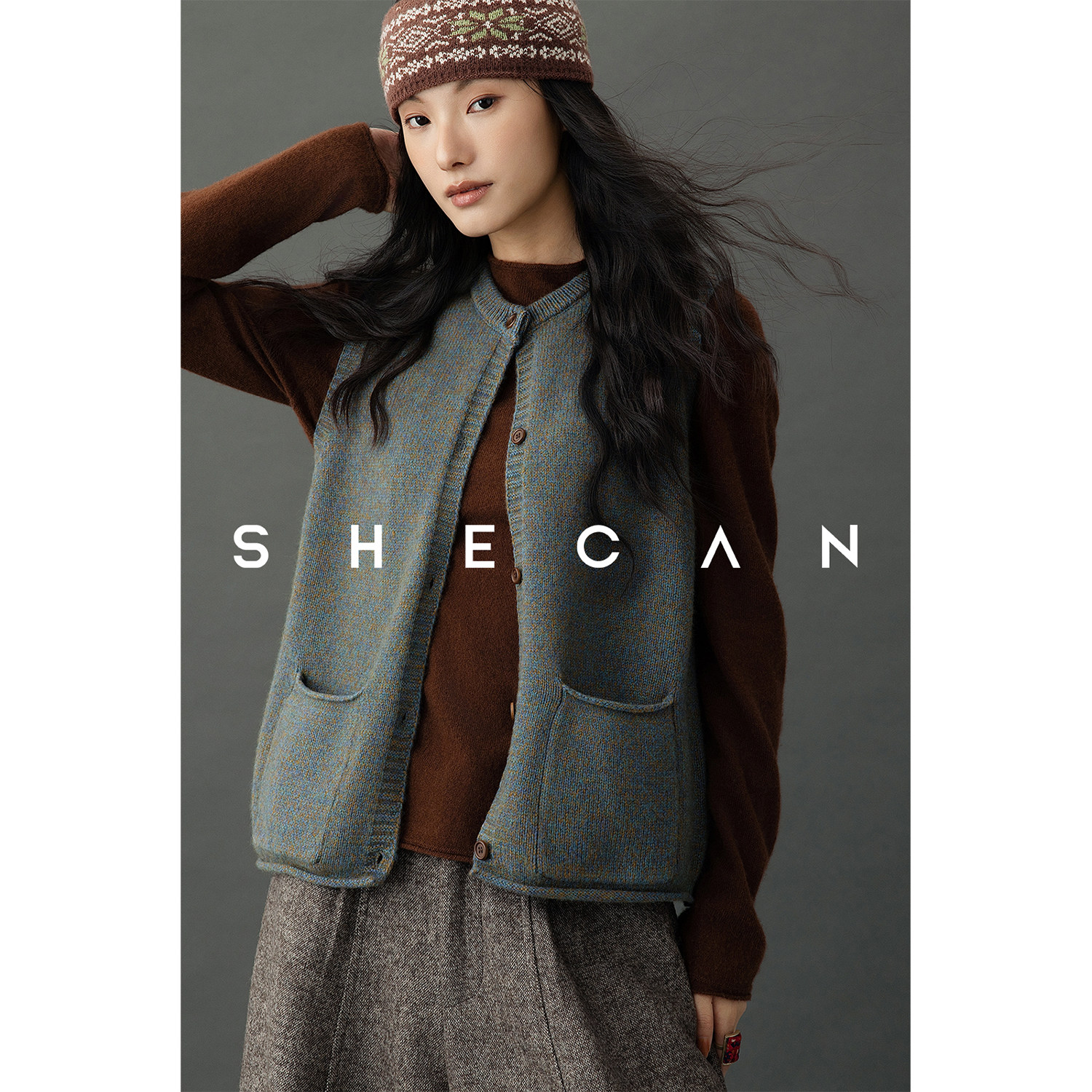 SHECAN【拾光】绵羊毛圆领针织马甲女冬季牦牛绒叠穿百搭坎肩背心