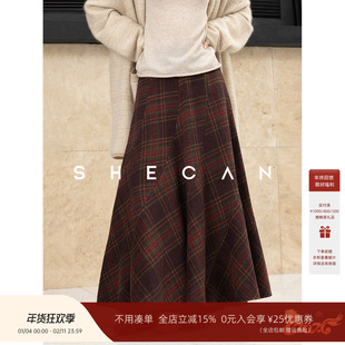 SHECAN【苏格兰风笛】秋冬复古文艺裙女松紧腰格纹百褶A字半身裙