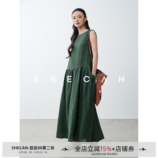 SHECAN【冷萃】夏季无袖圆领100%亚麻连衣裙女轻奢小众不撞款长裙