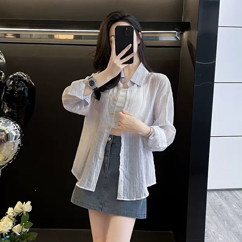 休闲慵懒风条纹衬衫外套夏秋季2026新款防晒长袖衬衣牛仔裙女套装