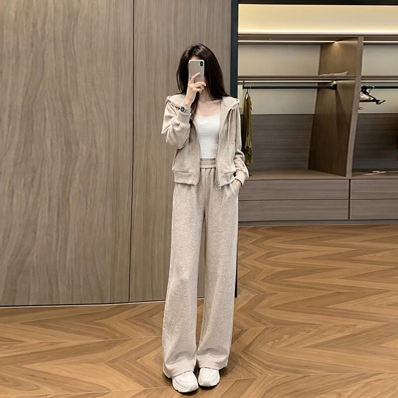 美式休闲运动百搭套装女秋季新款时尚炸街连帽纯色阔腿裤两件套潮