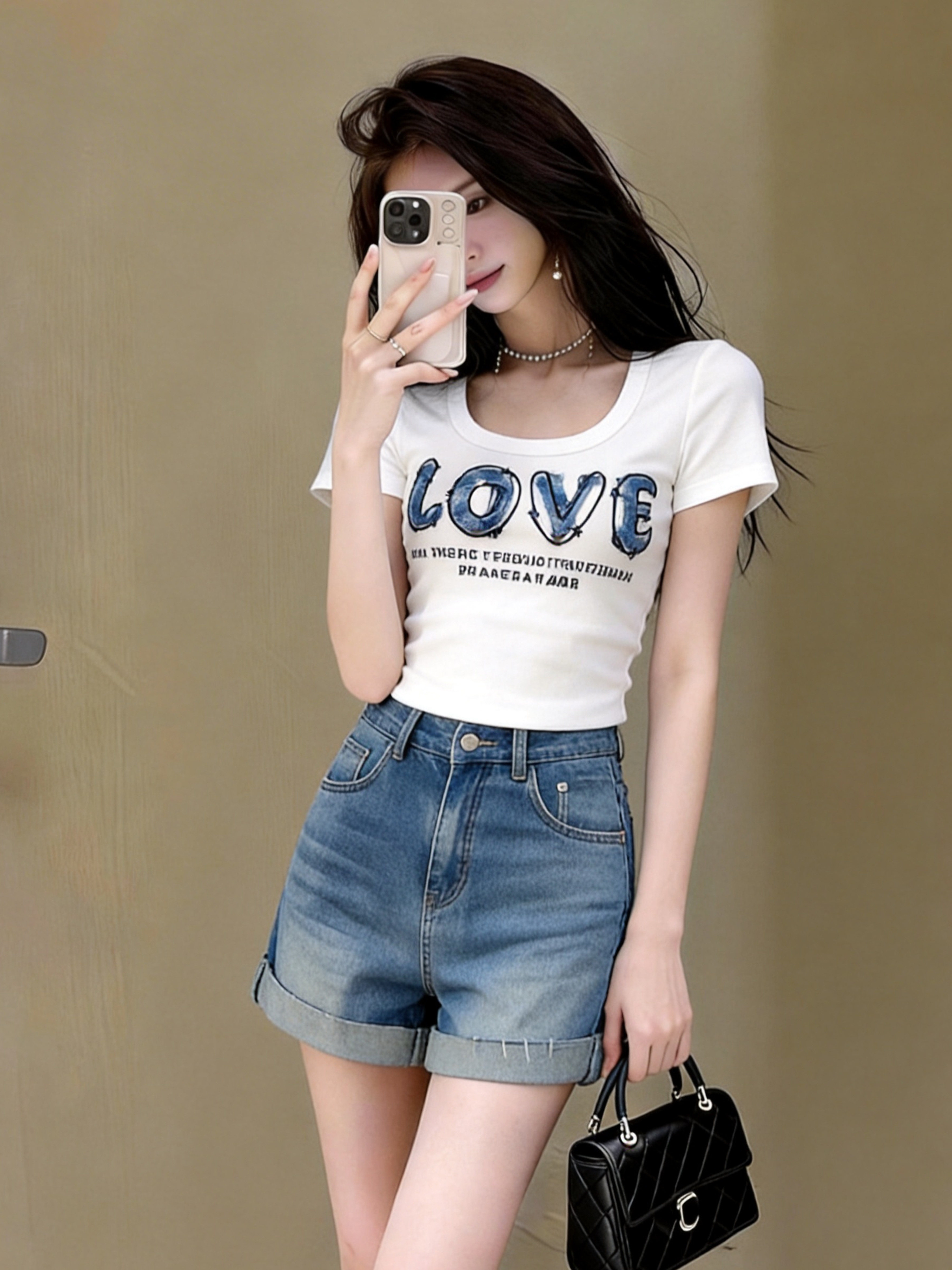 韩系辣妹风字母印花短袖T恤女夏季休闲U领修身显瘦牛仔短裤两件套