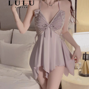 性感挂脖真丝睡衣女带胸垫蕾丝吊带桑蚕丝睡裙家居服纯欲美背套装