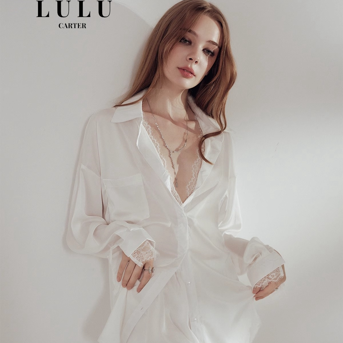 性感真丝睡衣女蕾丝性感蕾丝长袖桑蚕丝白衬衫短裤外穿家居服套装