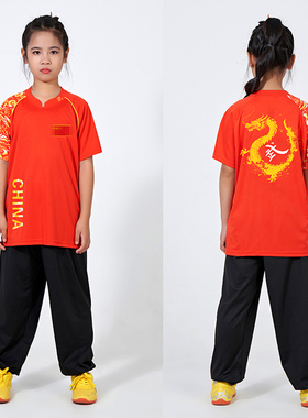 武术服中式儿童表演T恤男太极训练服女练功服功夫短袖教练服定制