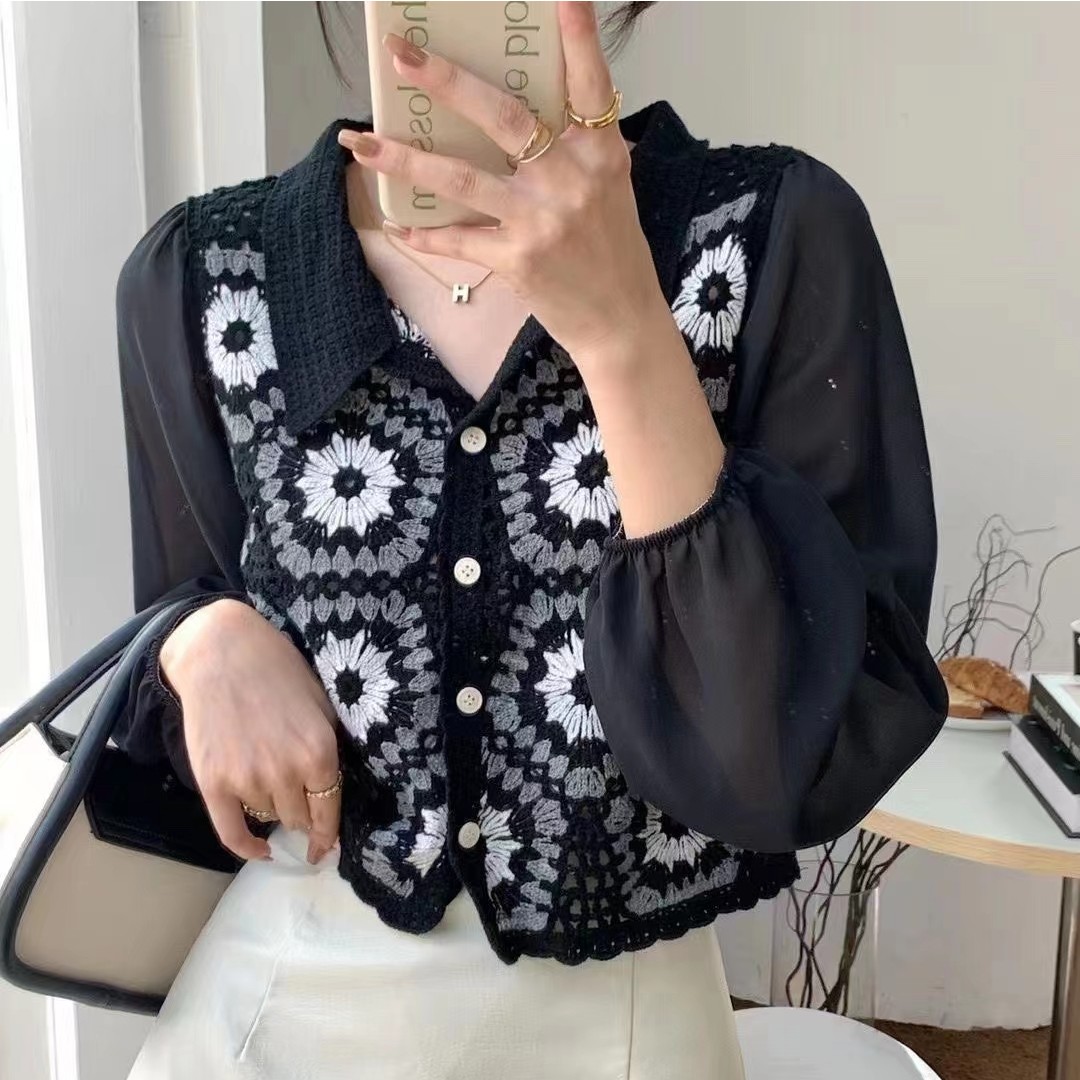 春秋镂空钩花蕾丝马甲雪纺袖毛线针织开衫外搭仿手钩女士衬衫上衣