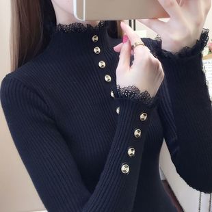 2025秋冬季新款内搭洋气蕾丝针织打底衫女半高领套头纯色修身毛衣