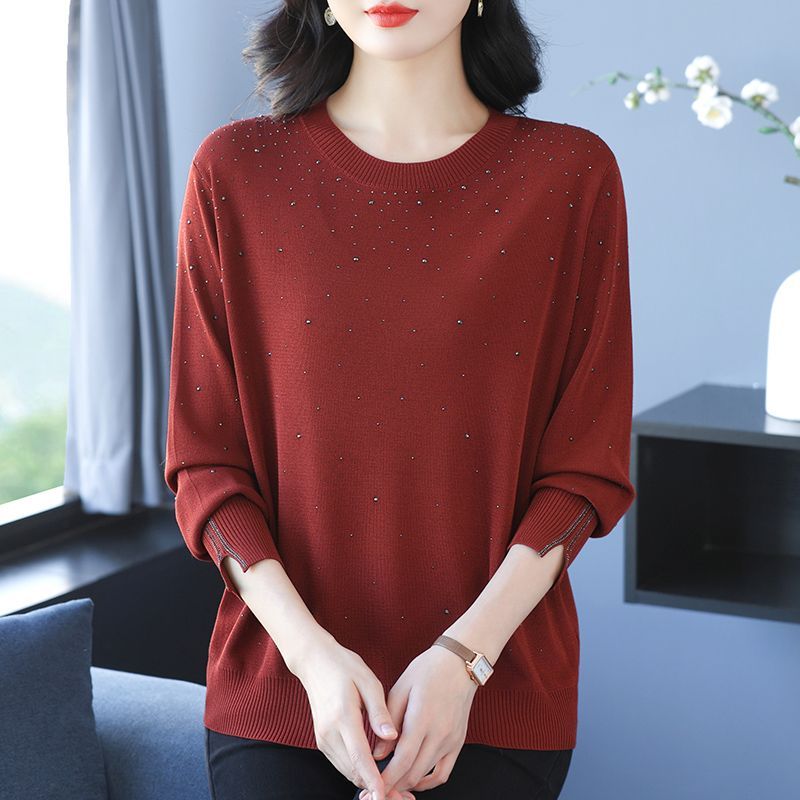 中年圆领毛衣女士2025新款秋冬打底衫气质纯色烫钻上衣柔软内搭