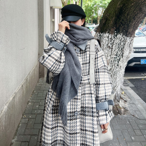格子毛呢外套大衣女2024冬季加厚高级感韩系复古休闲宽松大码新款图片